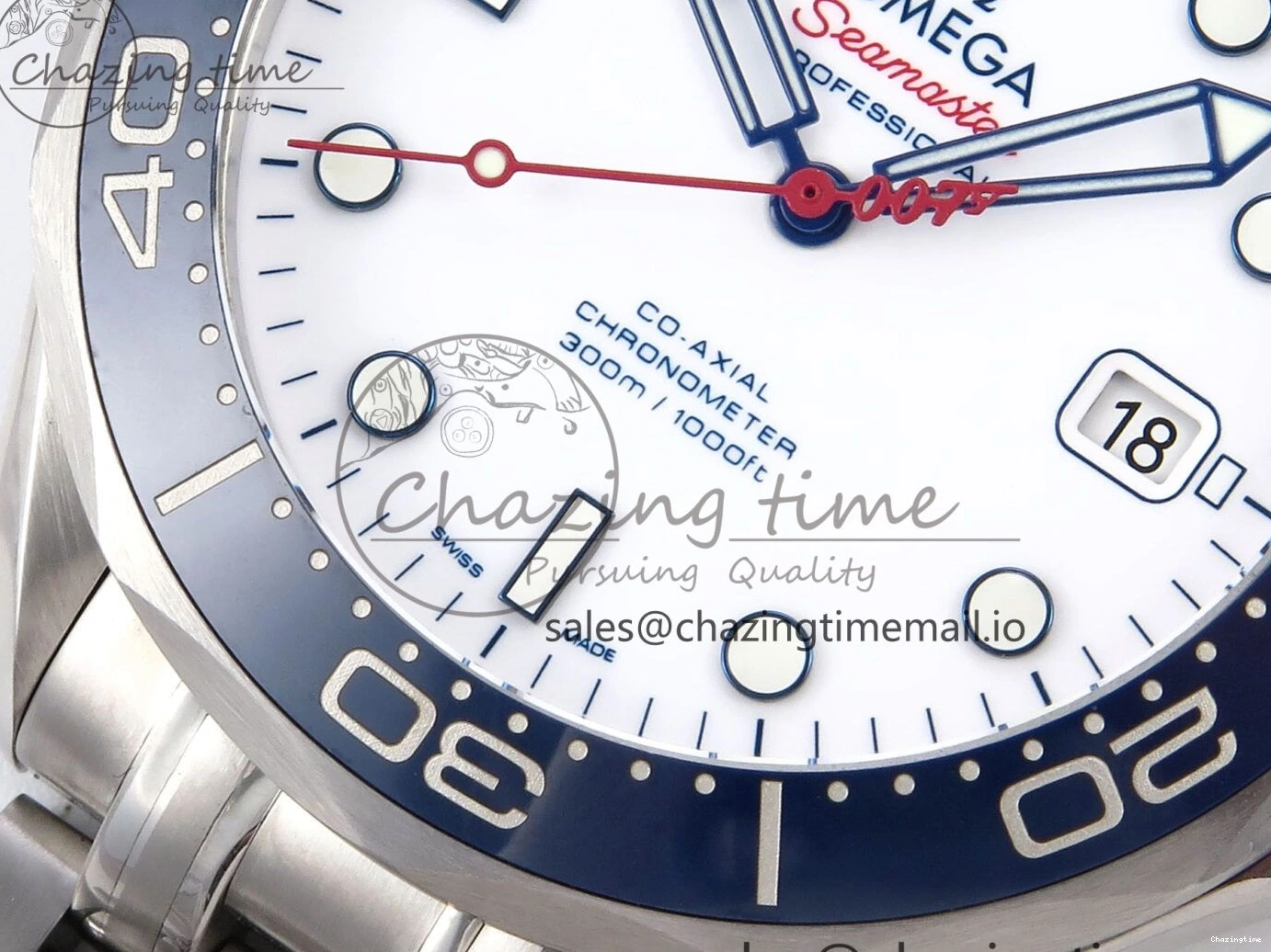 0409 HighQuality Seamaster Diver 300M OMF 1:1 Best Edition Blue Red Ceramic White Dial on SS Bracelet A 7705